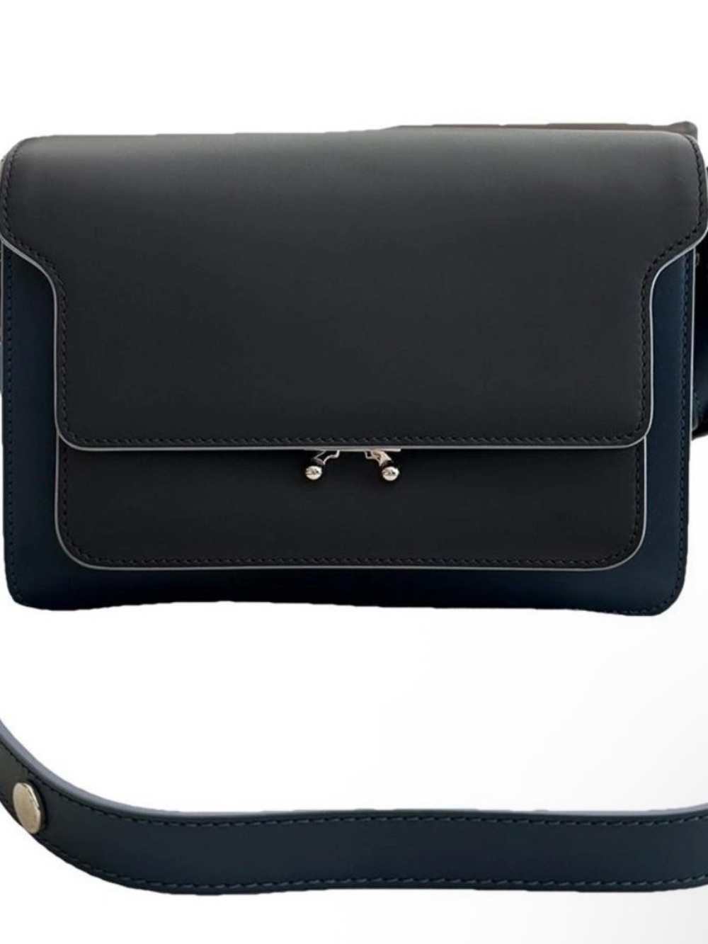 Marni Navy Trunk Leather Shoulder Bag with Silver-Tone Detail